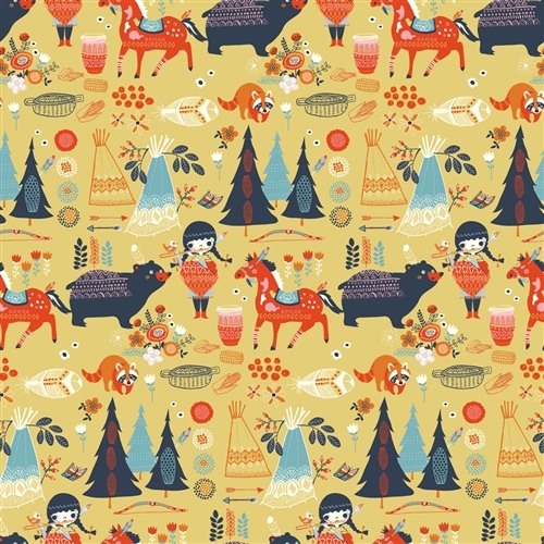 Birch Fabrics Village Feast Organic- Adorable Cotton BTY- Native, Indian