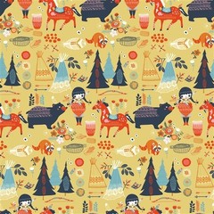 Birch Fabrics Village Feast Organic- Adorable Cotton BTY- Native, Indian
