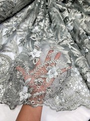 Silver 3d Lace Fabric By The Yard 3d Floral Flower Embroidery Pearls Prom Dress