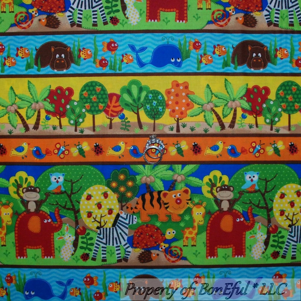 BonEful Fabric FQ Cotton Quilt Rainbow Kid Animal Print Noahs Ark Stripe Border