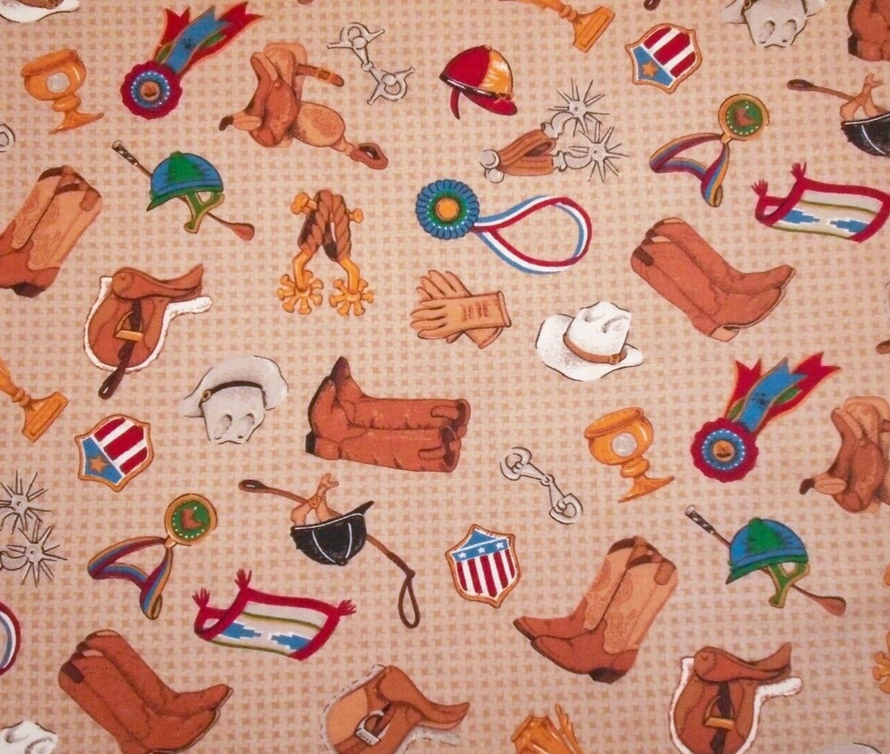 Western Fabric 1/2 Yard Saddle Boots Spurs Equestrian Beige PRECUT Cotton Vtg