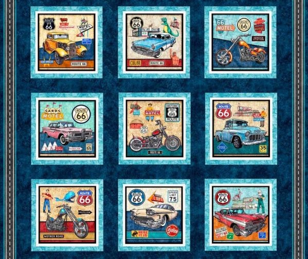 Get Your Kicks Route 66 Picture Patches Classic Car 36×44 Cotton Fabric Panel