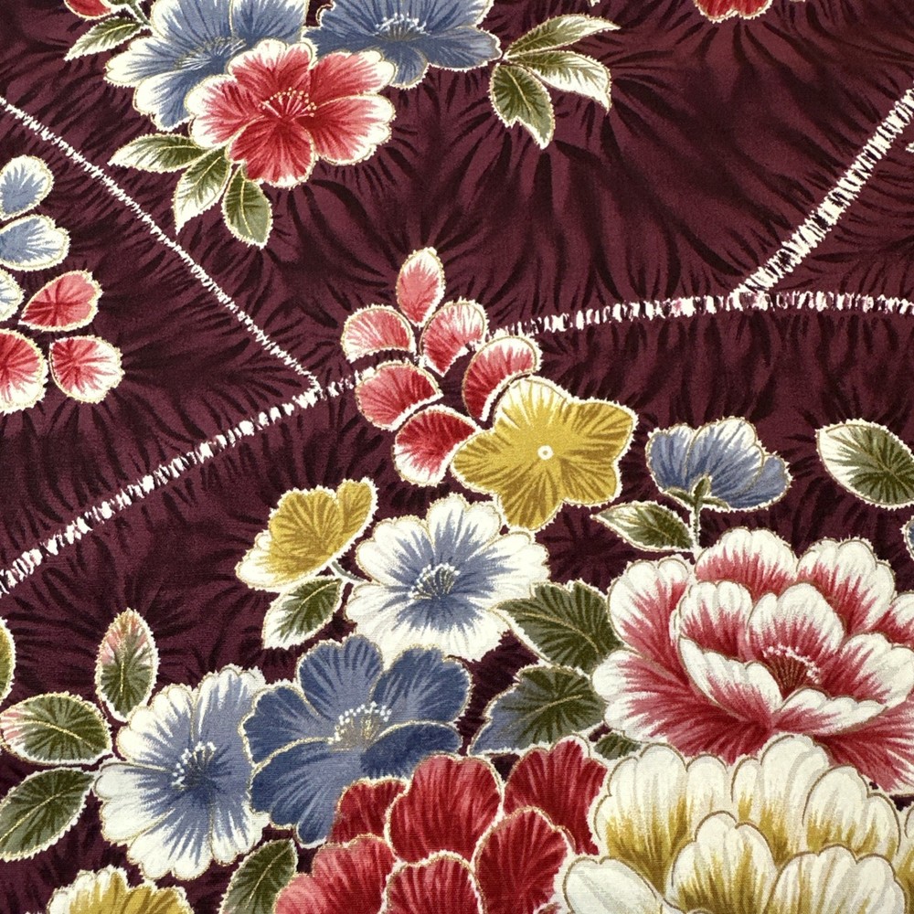 Kona Bay Cotton Fabric, Floral, wine colored w/ flowers, 3/4 Yd
