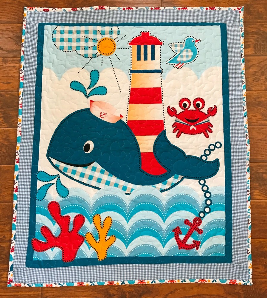 NAUTICAL WHALE’S TALE LIGHTHOUSE ANCHOR INFANT TODDLER QUILTED BLANKET 40″Wx47″L