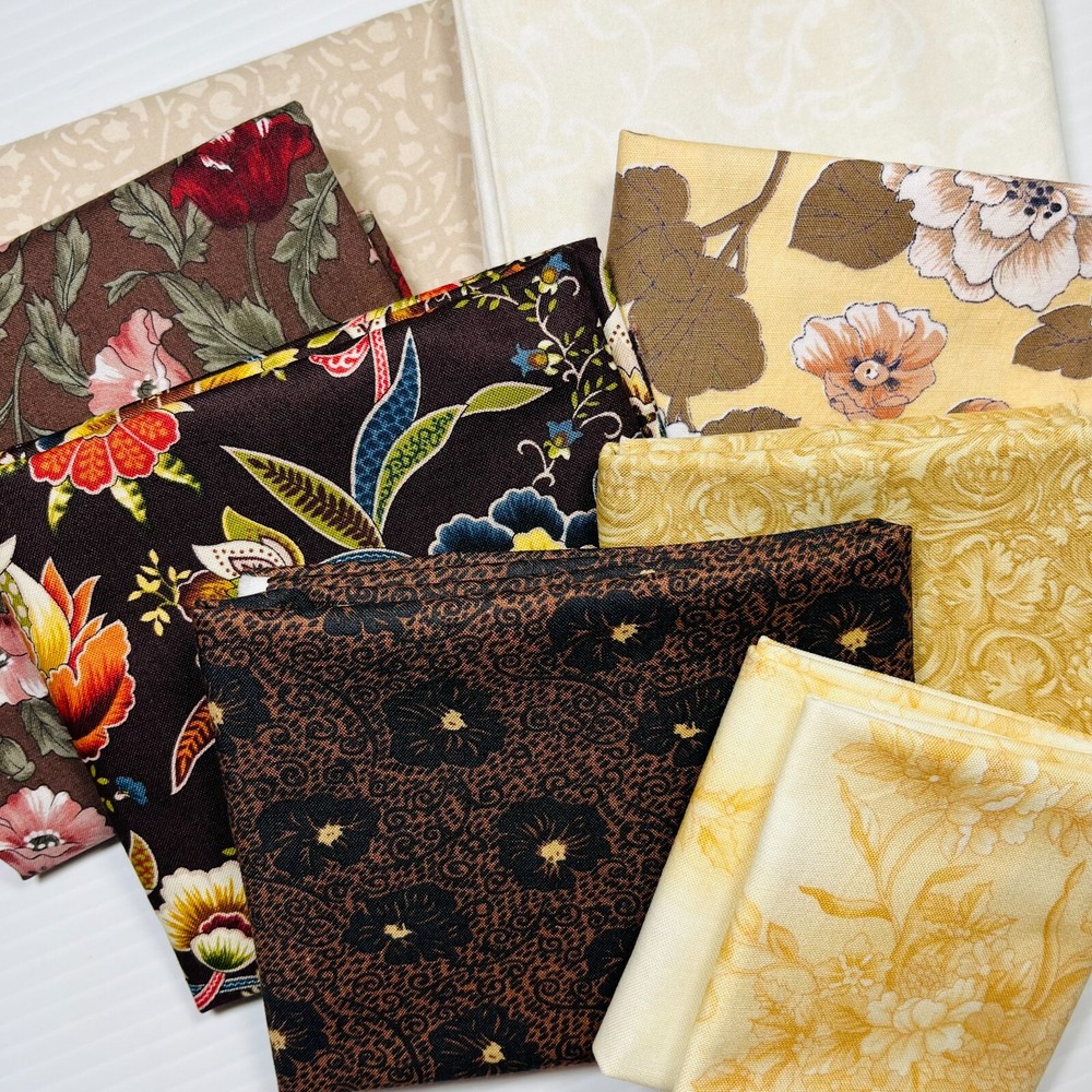 Floral Fabric 8-Pack Variety Pack Earth Tones Brown Cream Tan 100% Cotton