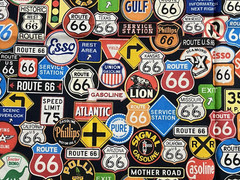 ROUTE 66 Travel SOUVENIR Pennants CARS Road Signs COTTON FABRIC Lot 4 pieces