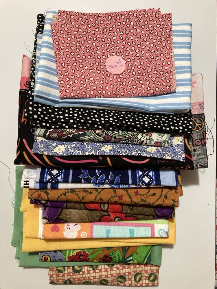 Lot of 14 Fabric Scraps Fruit Bugs Baby Animals Peace Love Stripe Solids