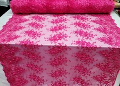 Fuchsia 3d Floral Embroidery Pearls Fabric By The Yard Quinceañera Dress Prom