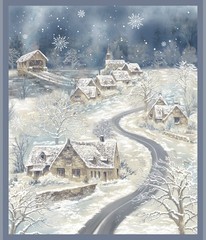 36″ Fabric Panel | Windham Winter Whisper Textured Christmas Village Scene Blue