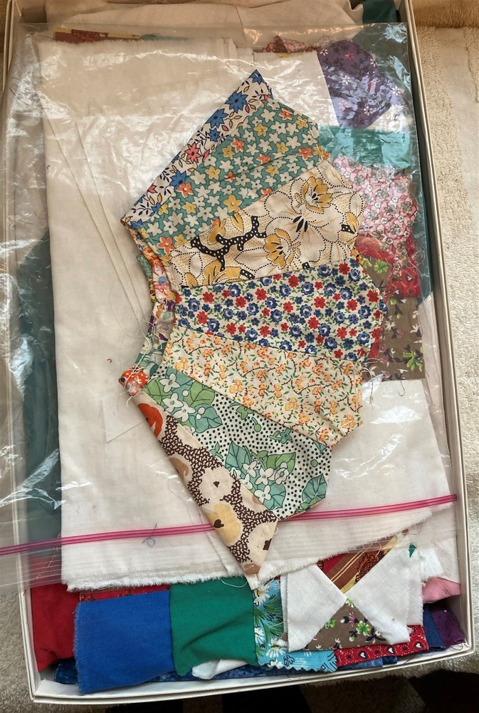 Box of Vintage Fabric Pieces, Quilt Pieces and Remnants 16 x 9 x 2″ 2 1/2 lbs