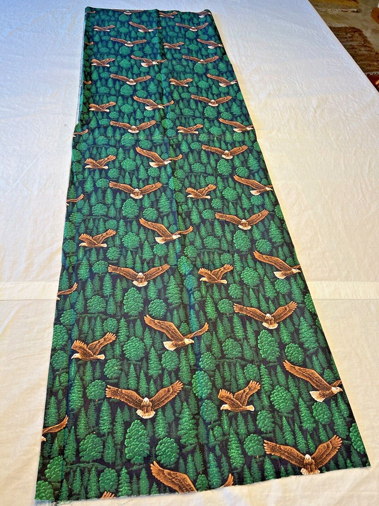 54.5″Lx34″W eagles flying over green forest cotton (or cotton blend), dramatic