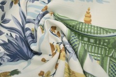 Harmony Bluebell Green Blue Gold Asian Pagoda Print on White Regal Fabric