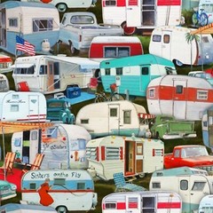 Camper Fabric, BTY, Multi Vintage Trailers, 3505E-MLT, Cotton, TheFabricEdge