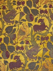 Vtg Chenille Upholstery Fabric Renaissance Medieval Style Animals/Bird-2 3/8×48”