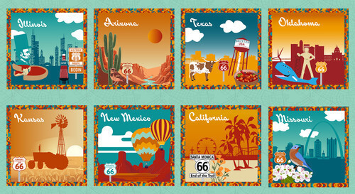 Route 66 Landmarks Fabric 24″ X44″ Panel Cruisin Open Road Cotton Blank Quilting