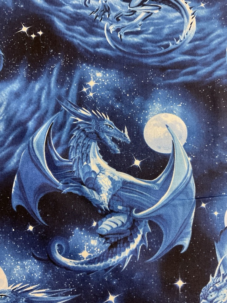 DRAGONS FANTASY NIGHT SKY MOON BLUES NAVY COTTON FABRIC FQ