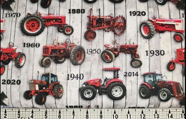 Cotton Farmall History Whitewash Tractors Decades Fabric Print by Yard D368.79