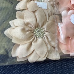 Party Flower Satin Fabric Flowers 4pc Pink Beige Pearl Rhinestone Embellishments