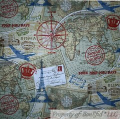 BonEful FABRIC FQ Cotton Quilt Brown World Map Europe Airplane England Rome Star