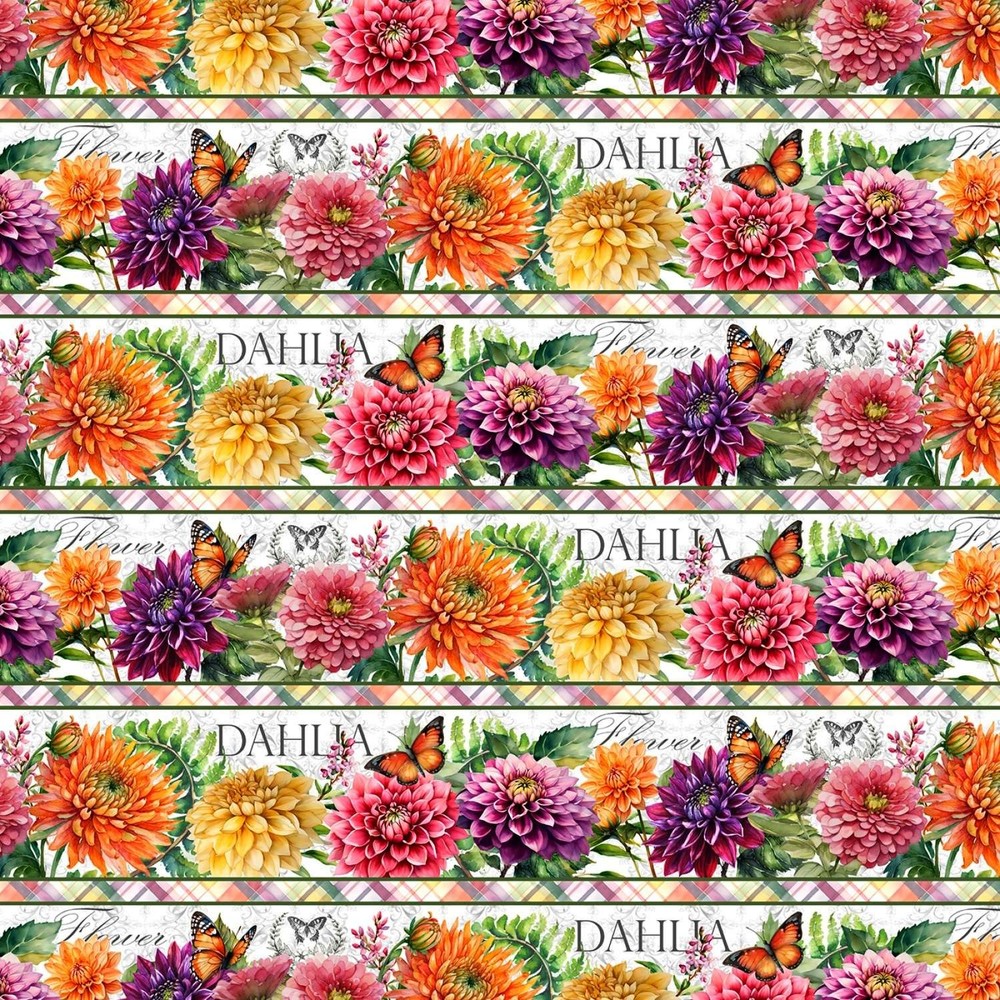 Wilmington Prints – Dahlia Botanica – Repeating Border Stripe Multi, Fabric BTY