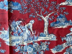 AMETEX FABRIC 2005~Maroon Toile Blue Tan~MULE OVER STONE BRIDGE~Fishing Boys~Flu