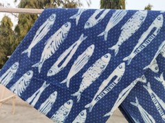 Indigo Blue Fish Hand Block Printed 100% Cotton Cloth, Dress Fabric by the Yard