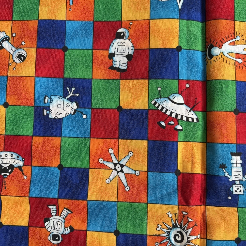 Cranston Print Works Co Bright Colored Checks Robots Astronaughts Space 2 Yards
