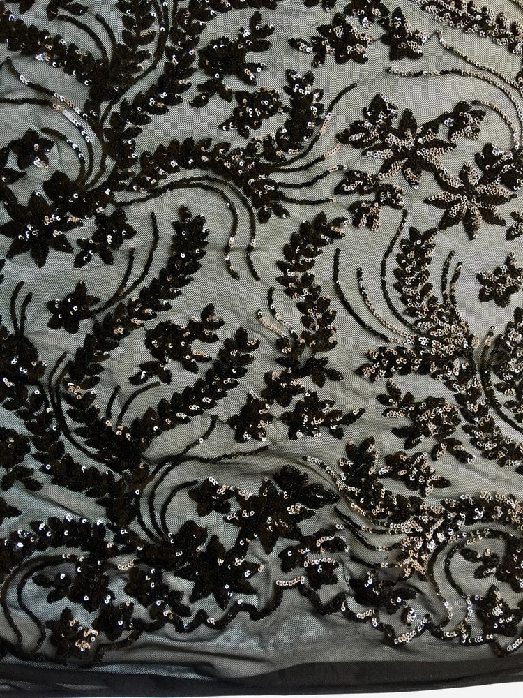Erin BLACK Flowers and Leaves Sequins on Mesh Lace Fabric by the Yard – 10063
