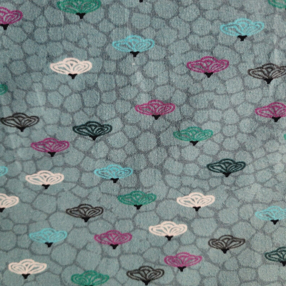 ‘Lighting-Bug Flowers’ on Teal-Gray Cotton Jersey Knit – Mod, Chic, OEKO-TEX