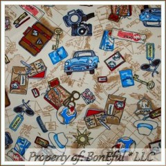 BonEful Fabric FQ Cotton Quilt Flannel VTG World Travel Route 66 Car Camera Map