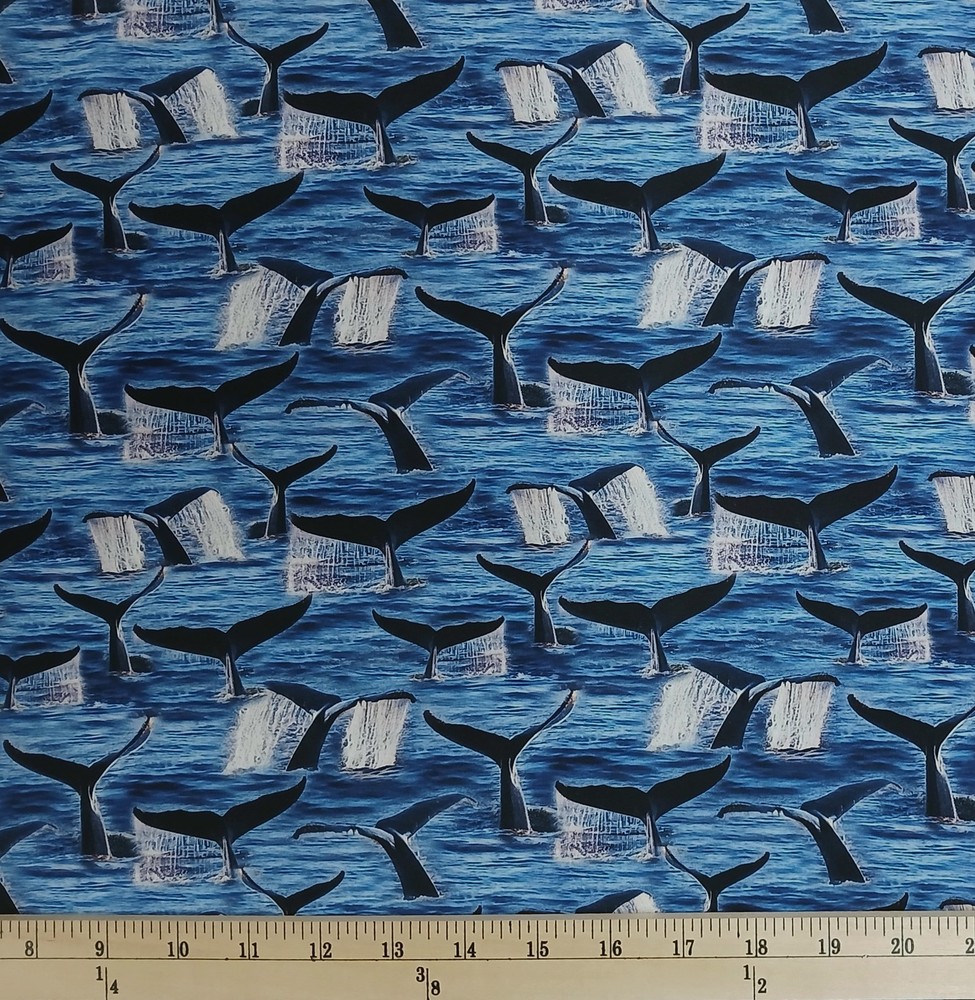 Cotton Whale Tail All Over Whales Water Ocean Tails Fabric Print by Yard D488.75