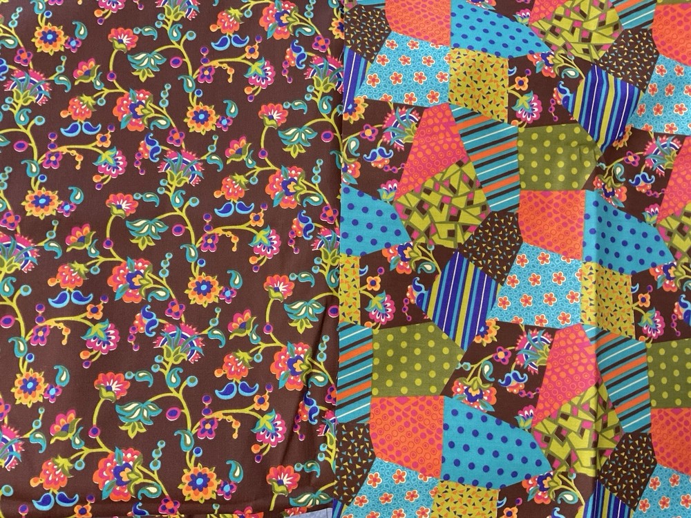 Crazy Quilt Cheater Patch Fabric Plus Coordinating, Brown Lime, Turquoise 6 Yds