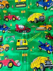 NEW 1997 Fabric Traditions Construction Vehicles 1 yard Crane Dump Truck Digger