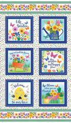 Love Grows Here Fabric Panel ~ Flower Garden, Bee, Butterfly ~ 24″ x 44″