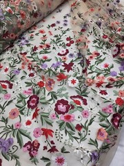 Fabric By The Yard Lace Embroidery Multicolor Pink Floral On Nude Mesh Lace