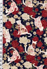 Quilt Gate – Hana & Neko-Floral Cats & Peonies – HR3480-12E-Navy – By Half Yard