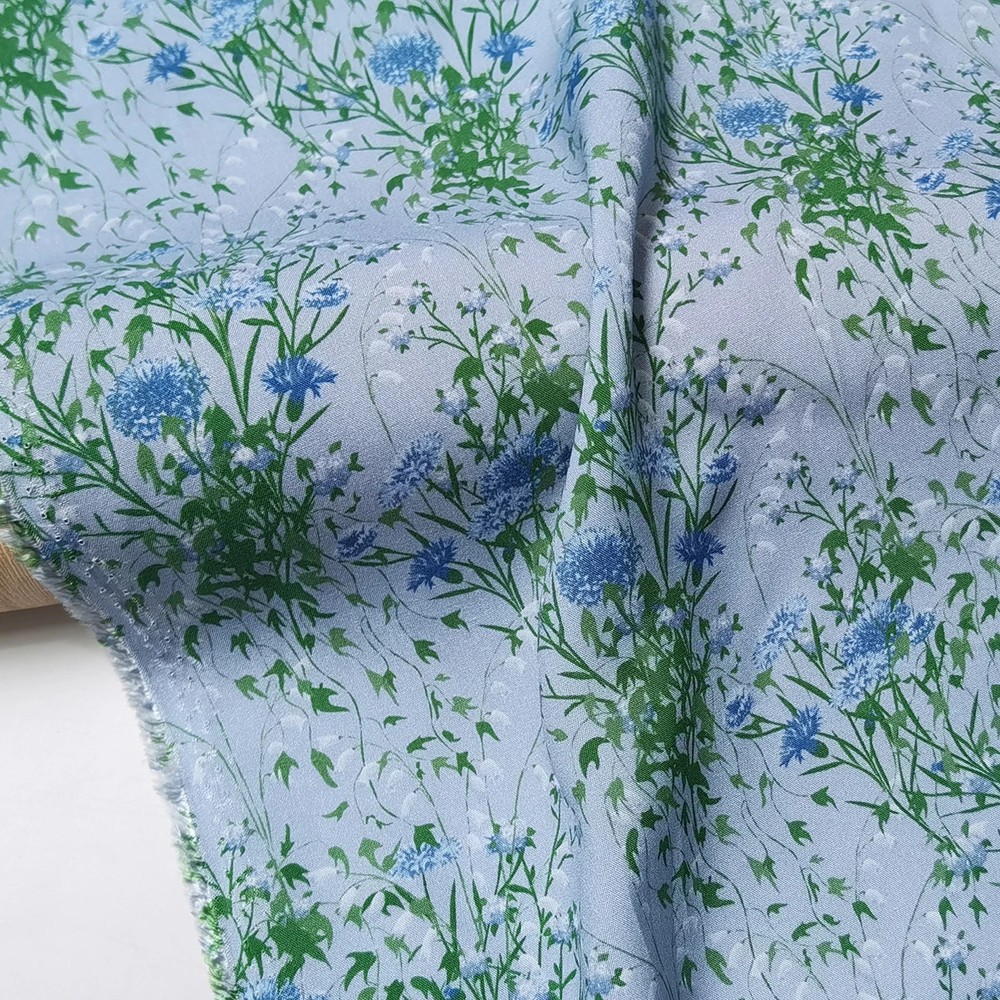 Retro Dress Material 55” Wide By Yard Rayon Viscose Poplin Fabric Blue Floral
