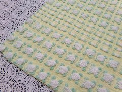 Phantom Rosebud Vintage Chenille Bedspread Fabric Yellow White 20×24″ Piece