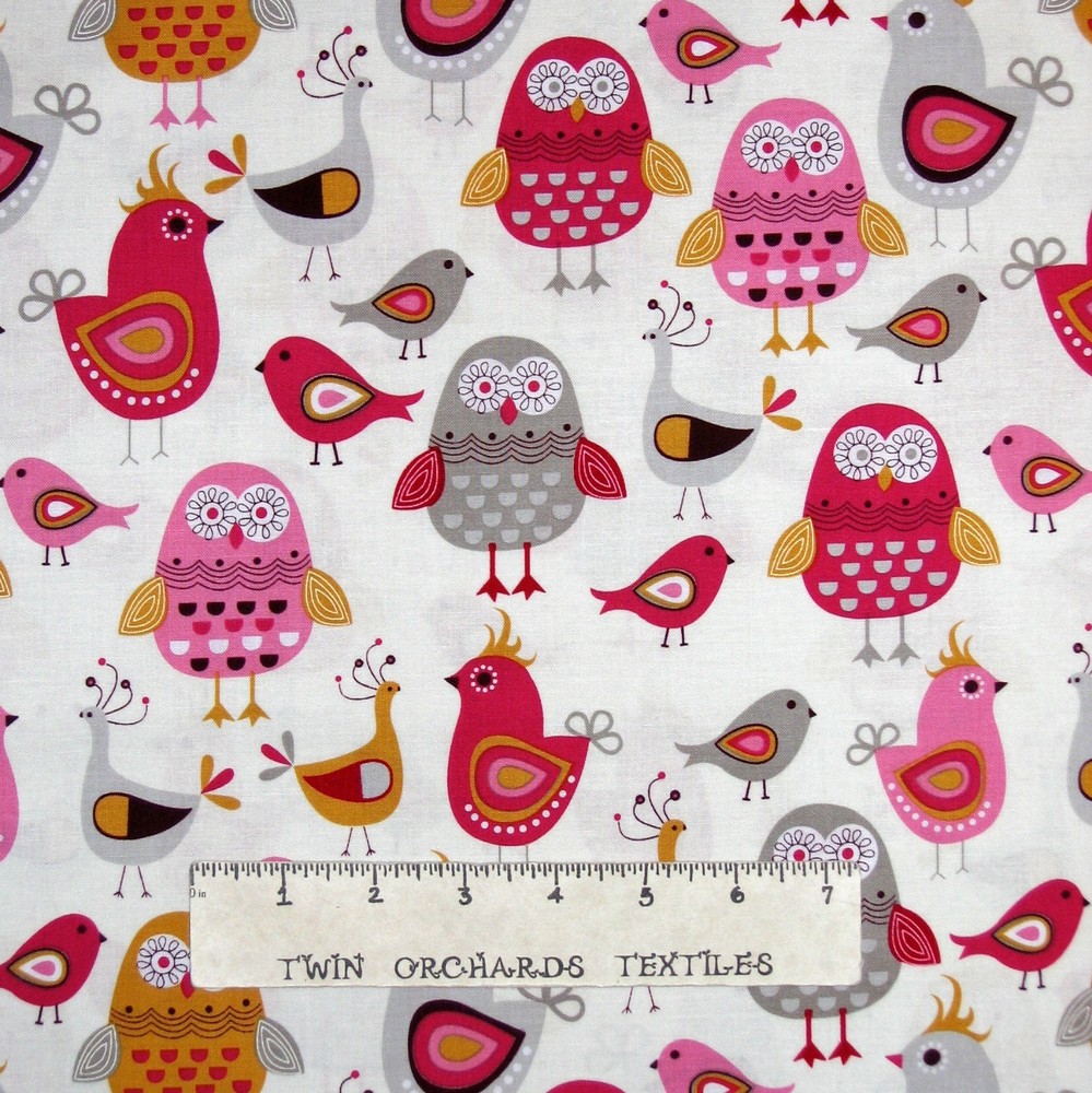 Kitchen Fabric – Tossed Pink & Gray Bird Owls on Cream – Timeless Treasures YARD