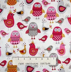 Kitchen Fabric – Tossed Pink & Gray Bird Owls on Cream – Timeless Treasures YARD