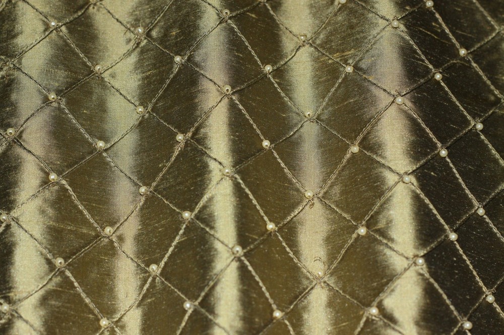 Antique Gold Diamond Dupioni Shantung Silk w/ Beads, 100% Silk, 52″W (EB-805E)