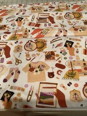 Sewing notion themed medium white cotton fabric 36 x 48