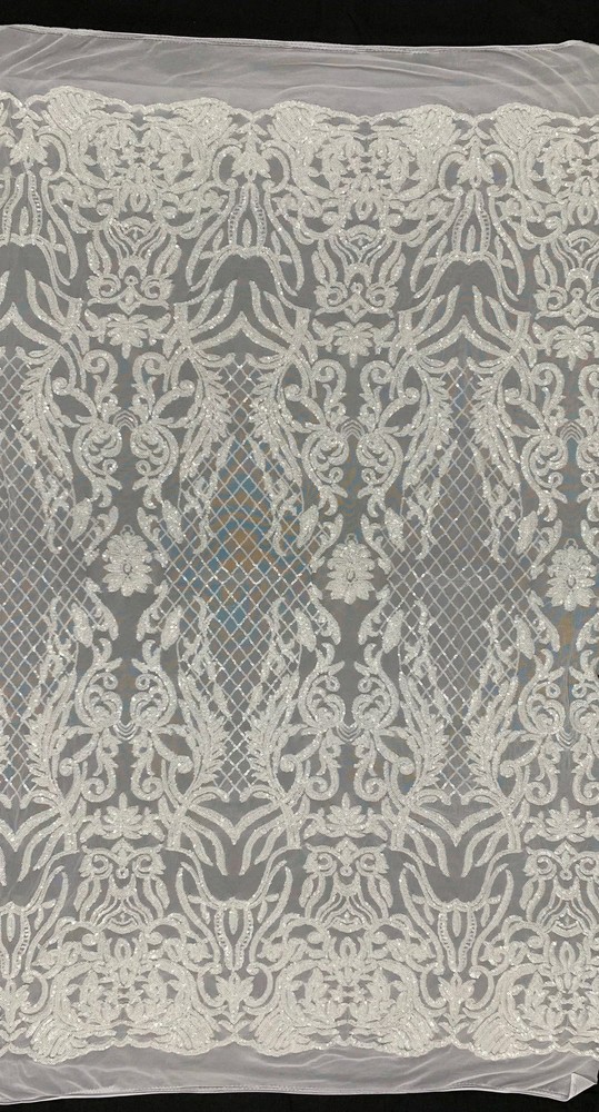 Phoebe WHITE Sequins on Mesh Lace Fabric by the Yard – 10062