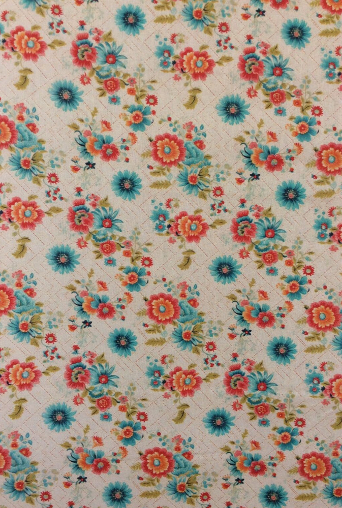 New MDG Quilting Fabric Orange Aqua Vintage Floral 100% Premium Cotton PER YARD