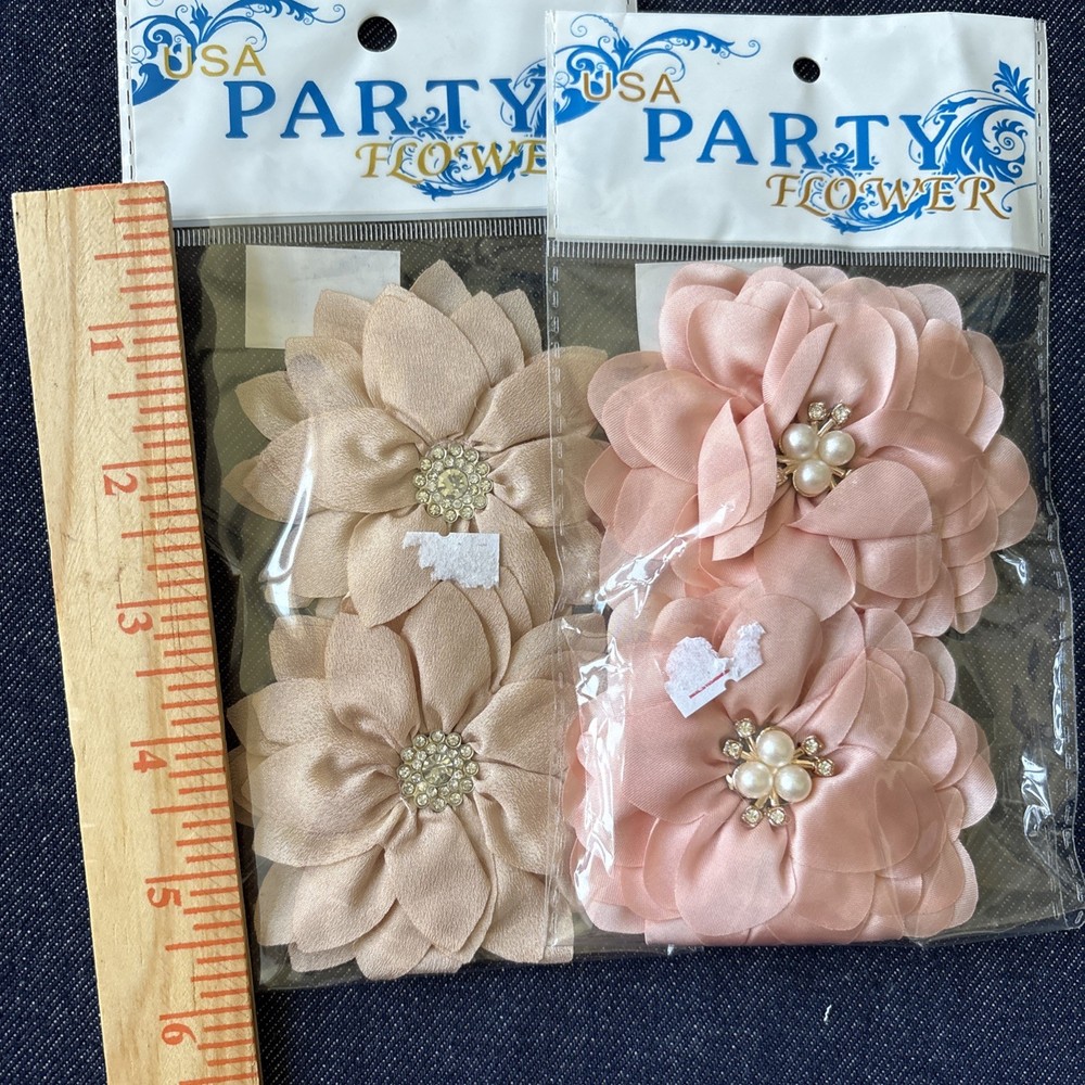 Party Flower Satin Fabric Flowers 4pc Pink Beige Pearl Rhinestone Embellishments