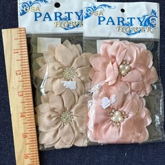 Party Flower Satin Fabric Flowers 4pc Pink Beige Pearl Rhinestone Embellishments