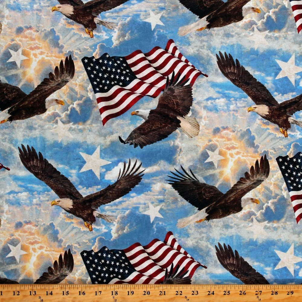 Cotton Soaring Eagles American Flags USA Stars Fabric Print by the Yard D305.42