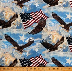 Cotton Soaring Eagles American Flags USA Stars Fabric Print by the Yard D305.42