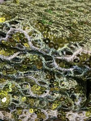 Gold Green Metallic Sequins Lace Fabric Geometri Guipure 56” W X 87” L