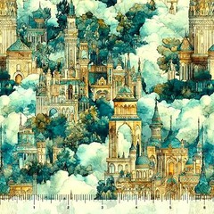 Cotton Folklore Castles in the Clouds Fantasy Fabric Print by Yard D693.80